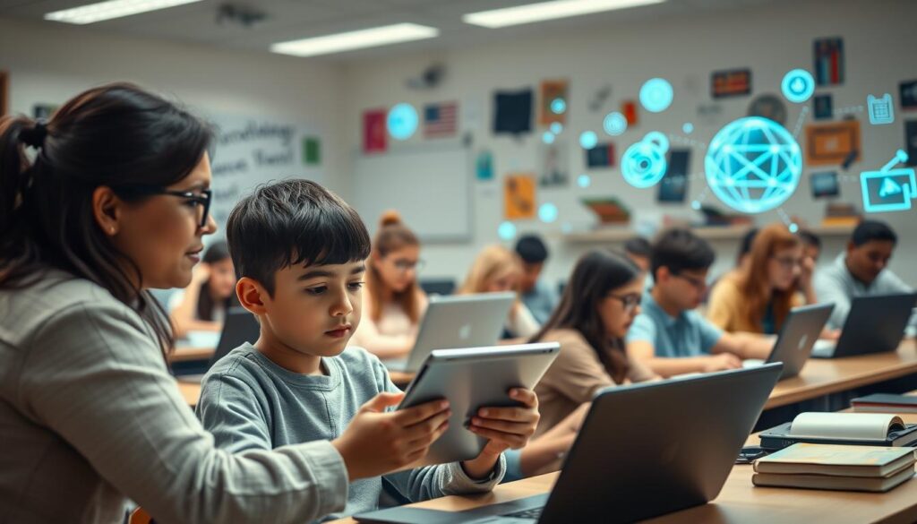 A bustling classroom with students engaged in digital learning, surrounded by a mix of analog and digital educational tools. Soft, diffused lighting illuminates the scene, creating a warm, contemplative atmosphere. In the foreground, a teacher guides a student through a tablet interface, their expressions conveying the challenges and opportunities of technology integration. In the middle ground, groups of students collaborate on laptops, their faces focused and determined. The background features a dynamic array of educational resources, from traditional textbooks to futuristic holograms, symbolizing the evolving nature of the learning environment. The overall image captures the delicate balance between traditional and digital pedagogies, inviting the viewer to consider the nuances of technology's role in transforming education.