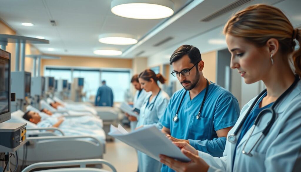 A bustling hospital scene with healthcare professionals closely monitoring patient records and equipment. The foreground showcases a team of doctors and nurses reviewing charts and coordinating care, their expressions focused and attentive. In the middle ground, patients rest in hospital beds, surrounded by state-of-the-art medical devices and technologies. The background reveals a well-lit, modern hospital interior with clean, sterile aesthetics, conveying a sense of order and professionalism. Soft, diffused lighting from overhead fixtures casts a warm, reassuring glow, creating an atmosphere of diligent oversight and patient-centric care.