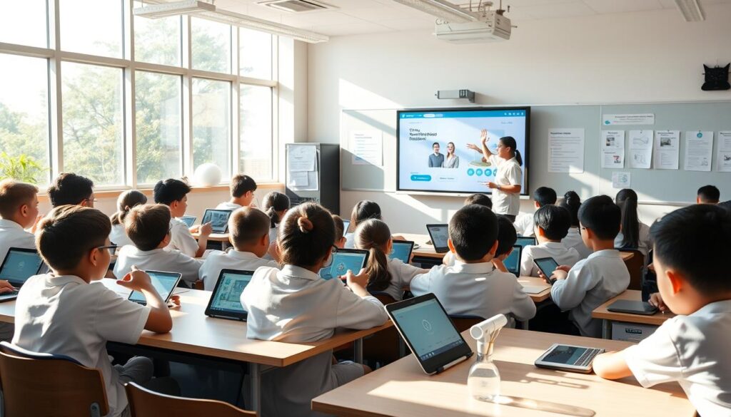 A modern classroom filled with engaged students, working collaboratively on digital devices. Sunlight streams through large windows, casting a warm glow on the scene. The teacher, using a sleek touchscreen display, guides the class through an interactive lesson, seamlessly blending physical and virtual elements. The room is alive with the hum of creativity and discovery, as students explore new ways to learn and express their ideas. Subtle hints of educational technology, such as 3D-printed models and AR visualizations, enhance the learning experience. An atmosphere of focused productivity and intellectual curiosity permeates the space, showcasing the best practices of integrating technology into the Merdeka curriculum.