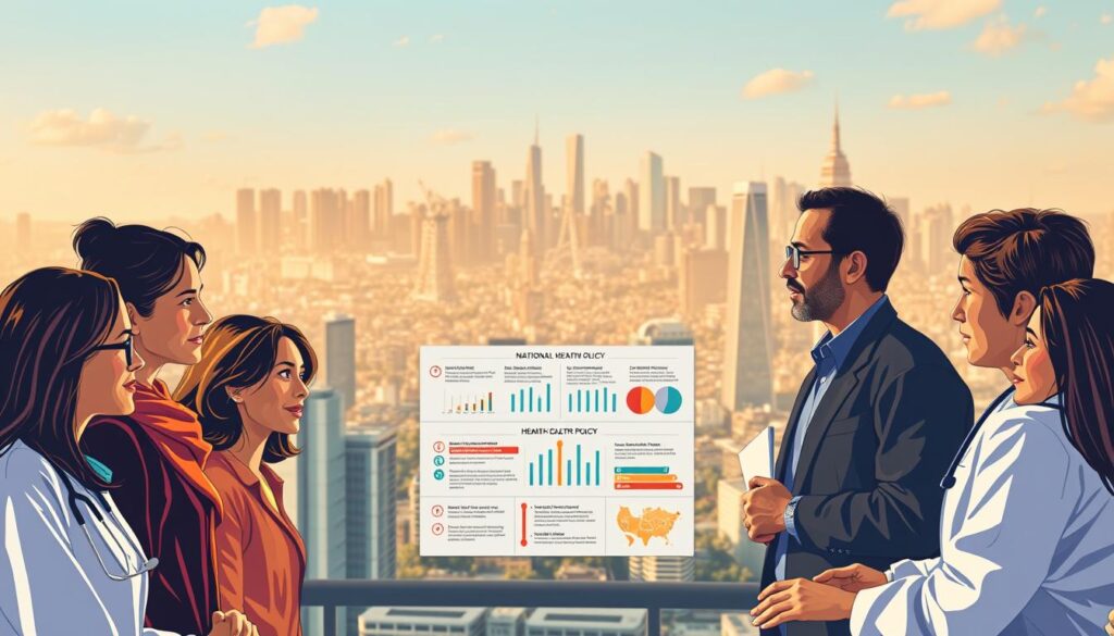 A vibrant, realistic depiction of "national health policy" set against a backdrop of a modern, bustling city skyline. In the foreground, a group of diverse individuals, from healthcare professionals to policymakers, engaged in a collaborative discussion, their expressions conveying a sense of purpose and determination. The middle ground features a stylized, yet informative, infographic showcasing key elements of the national health policy, with clean typography and strategic use of color to highlight important information. The background presents a panoramic view of the city, with skyscrapers and infrastructure symbolizing the scale and complexity of the national healthcare system. Warm, diffused lighting casts a sense of optimism and progress, while subtle shadows suggest the challenges and complexities inherent in shaping national health policy.