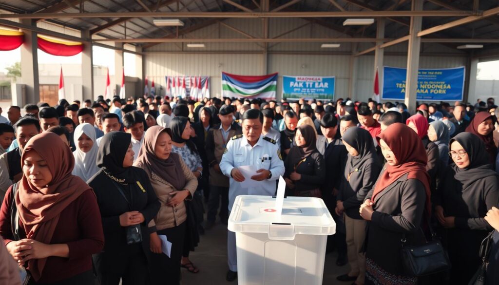 A bustling Indonesian voting station during an election day, captured in a wide-angle perspective. In the foreground, a diverse group of citizens of various ethnic backgrounds, dressed in smart business attire and modest casual clothing, eagerly lining up to cast their votes. In the middle ground, election officials in uniforms are assisting voters, with a ballot box prominently displayed. Background elements include colorful campaign banners and flags, symbolizing democracy. The scene is illuminated by soft, natural daylight, casting gentle shadows that create a warm, welcoming atmosphere. The mood reflects hope and civic engagement, inviting viewers to visualize the active participation in Indonesia's democratic process. A bustling Indonesian voting station during an election day, captured in a wide-angle perspective. In the foreground, a diverse group of citizens of various ethnic backgrounds, dressed in smart business attire and modest casual clothing, eagerly lining up to cast their votes. In the middle ground, election officials in uniforms are assisting voters, with a ballot box prominently displayed. Background elements include colorful campaign banners and flags, symbolizing democracy. The scene is illuminated by soft, natural daylight, casting gentle shadows that create a warm, welcoming atmosphere. The mood reflects hope and civic engagement, inviting viewers to visualize the active participation in Indonesia's democratic process.