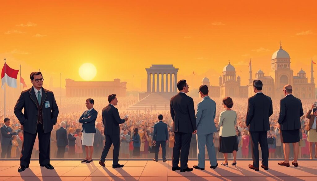 A historical illustration of the evolution of democracy in Indonesia, showcasing a timeline scene. In the foreground, depict individuals in professional business attire representing different eras, such as a Dutch colonial official, Indonesian independence leaders, and modern political figures engaged in dialogue. The middle ground should feature significant landmarks like the Proclamation Monument, and scenes of pivotal moments, like the 1998 Reformation. In the background, a soft, warm sunset casts a golden glow over a diverse crowd to represent unity and progress. Use a wide-angle lens perspective to encompass the grandeur of the scene, aiming for an inspiring, reflective mood. Ensure clarity and historical accuracy without any text or logos in the image. A historical illustration of the evolution of democracy in Indonesia, showcasing a timeline scene. In the foreground, depict individuals in professional business attire representing different eras, such as a Dutch colonial official, Indonesian independence leaders, and modern political figures engaged in dialogue. The middle ground should feature significant landmarks like the Proclamation Monument, and scenes of pivotal moments, like the 1998 Reformation. In the background, a soft, warm sunset casts a golden glow over a diverse crowd to represent unity and progress. Use a wide-angle lens perspective to encompass the grandeur of the scene, aiming for an inspiring, reflective mood. Ensure clarity and historical accuracy without any text or logos in the image.