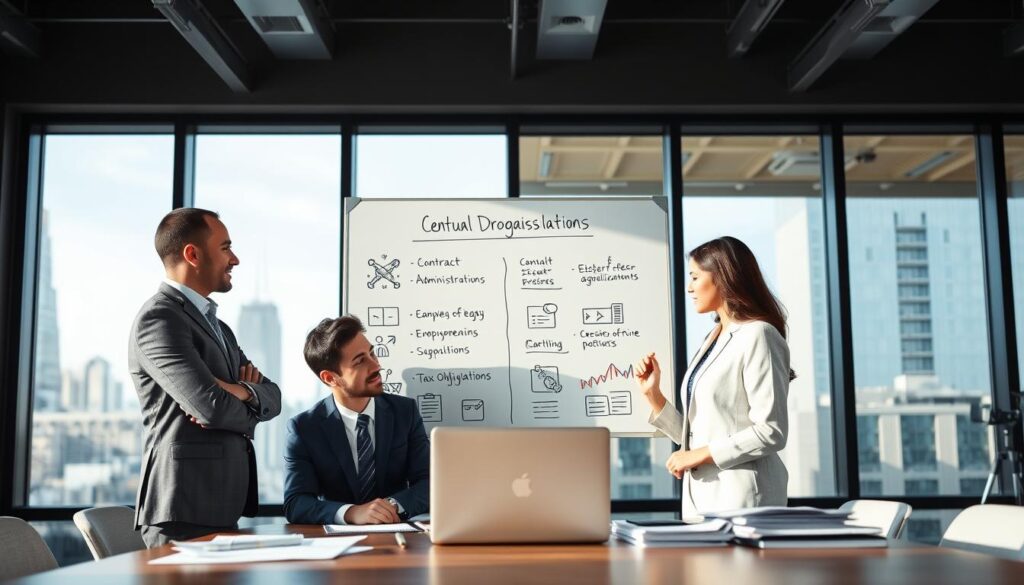 A modern office setting as the foreground, showcasing a diverse group of three professionals engaged in a discussion about dropshipping regulations. The two men and one woman are dressed in professional business attire, surrounded by documents and a laptop displaying a graph. In the middle, a large whiteboard lists key legal and administrative aspects, like contract agreements and tax obligations, illustrated with icons for clarity. The background features large windows with cityscape views, casting soft natural light across the room. The atmosphere should feel focused and collaborative, highlighting the importance of legal knowledge in starting a dropshipping business, with a slight depth of field to emphasize the discussion while keeping the environment in context. A modern office setting as the foreground, showcasing a diverse group of three professionals engaged in a discussion about dropshipping regulations. The two men and one woman are dressed in professional business attire, surrounded by documents and a laptop displaying a graph. In the middle, a large whiteboard lists key legal and administrative aspects, like contract agreements and tax obligations, illustrated with icons for clarity. The background features large windows with cityscape views, casting soft natural light across the room. The atmosphere should feel focused and collaborative, highlighting the importance of legal knowledge in starting a dropshipping business, with a slight depth of field to emphasize the discussion while keeping the environment in context.