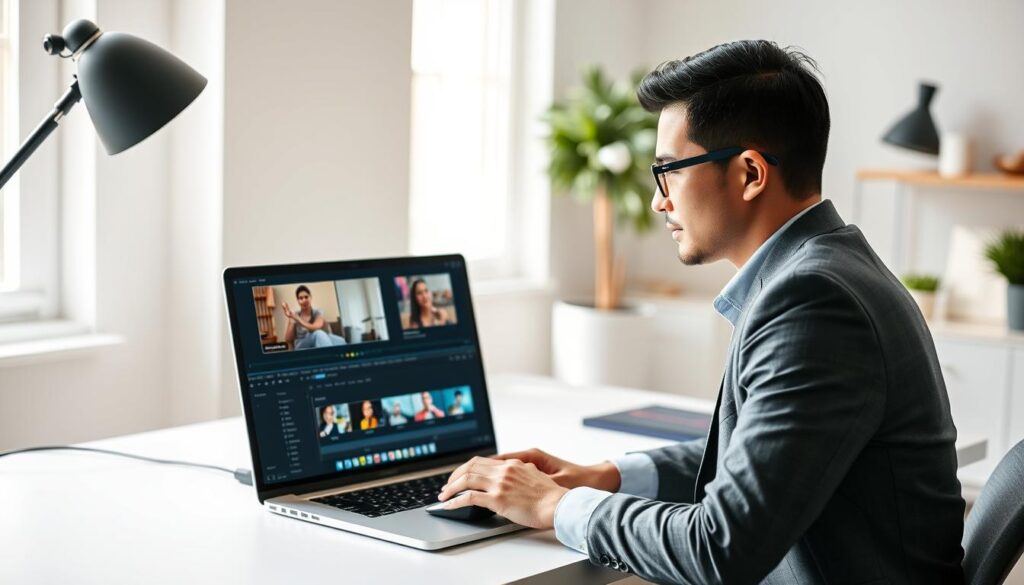 A modern workspace scene featuring a professional-looking individual seated at a sleek desk with a laptop open, displaying the CapCut editing interface. In the foreground, the person is focused and engaged, using a mouse to click on colorful video clips arranged in a timeline. The middle section shows tools and effects icons clearly visible on the screen, illustrating the process of editing a "jedag-jedug" video. The background includes soft, natural lighting filtering through a window, with minimalistic decor that creates a creative atmosphere. The ambiance is bright and inspiring, conveying a sense of step-by-step learning and digital creativity. The subject is dressed in smart casual attire, ensuring a professional appearance. A modern workspace scene featuring a professional-looking individual seated at a sleek desk with a laptop open, displaying the CapCut editing interface. In the foreground, the person is focused and engaged, using a mouse to click on colorful video clips arranged in a timeline. The middle section shows tools and effects icons clearly visible on the screen, illustrating the process of editing a "jedag-jedug" video. The background includes soft, natural lighting filtering through a window, with minimalistic decor that creates a creative atmosphere. The ambiance is bright and inspiring, conveying a sense of step-by-step learning and digital creativity. The subject is dressed in smart casual attire, ensuring a professional appearance.