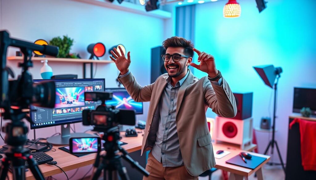 A vibrant and dynamic scene depicting a video tutorial on "jedag-jedug" style, showcasing a stylish, enthusiastic individual in a modern workspace, wearing smart casual attire. In the foreground, the subject is energetically demonstrating video editing techniques, with a camera setup and a computer displaying colorful, animated graphics. The middle ground includes a cluttered desk filled with creative tools like a smartphone, editing software open on the screen, and various props for lighting effects. The background features a bright, well-lit studio with colorful LED lights, adding a sense of modernity and excitement. The overall atmosphere is lively and inspiring, emphasizing creativity and engagement in video production. The lighting is bright and cheerful, highlighting the subject's expressions and the vibrant colors of the graphics. A vibrant and dynamic scene depicting a video tutorial on "jedag-jedug" style, showcasing a stylish, enthusiastic individual in a modern workspace, wearing smart casual attire. In the foreground, the subject is energetically demonstrating video editing techniques, with a camera setup and a computer displaying colorful, animated graphics. The middle ground includes a cluttered desk filled with creative tools like a smartphone, editing software open on the screen, and various props for lighting effects. The background features a bright, well-lit studio with colorful LED lights, adding a sense of modernity and excitement. The overall atmosphere is lively and inspiring, emphasizing creativity and engagement in video production. The lighting is bright and cheerful, highlighting the subject's expressions and the vibrant colors of the graphics.
