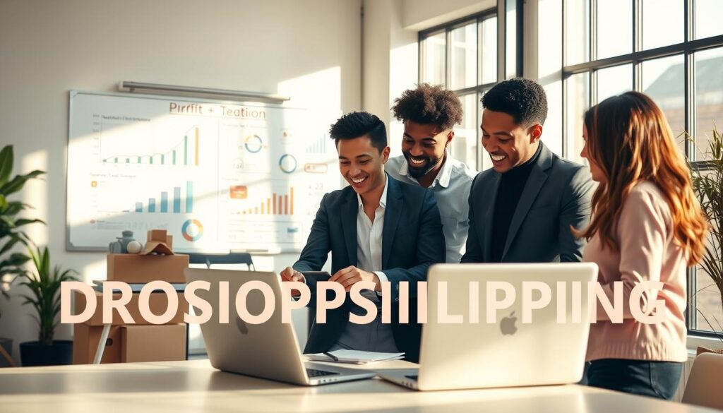 A vibrant and engaging scene depicting the optimization of dropshipping profits. In the foreground, a diverse group of three business professionals, dressed in smart casual attire, are gathered around a laptop, analyzing market data and discussing strategies. In the middle ground, a whiteboard filled with charts and growth metrics illustrates their planning process. The background features a modern office setting with large windows allowing natural light to illuminate the space, creating a warm and productive atmosphere. Soft shadows enhance the details of the space. The scene captures a sense of collaboration and enthusiasm for entrepreneurial success, emphasizing the active pursuit of maximizing profit through innovative strategies. A vibrant and engaging scene depicting the optimization of dropshipping profits. In the foreground, a diverse group of three business professionals, dressed in smart casual attire, are gathered around a laptop, analyzing market data and discussing strategies. In the middle ground, a whiteboard filled with charts and growth metrics illustrates their planning process. The background features a modern office setting with large windows allowing natural light to illuminate the space, creating a warm and productive atmosphere. Soft shadows enhance the details of the space. The scene captures a sense of collaboration and enthusiasm for entrepreneurial success, emphasizing the active pursuit of maximizing profit through innovative strategies.