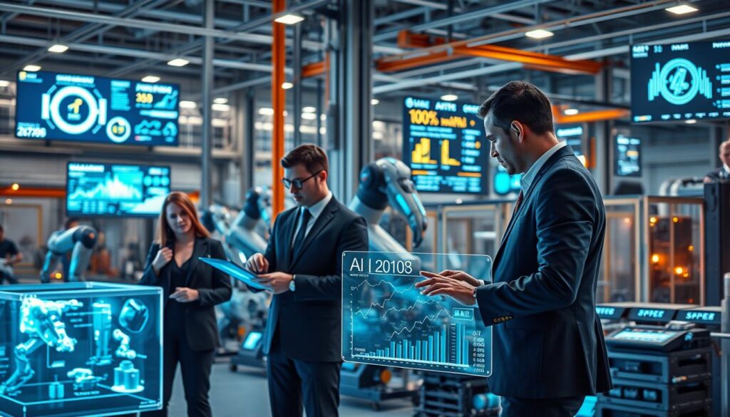 A futuristic industrial scene showcasing the impact of artificial intelligence in various sectors. In the foreground, a diverse group of professionals in business attire analyze data on sleek holographic displays, showcasing advanced AI algorithms influencing manufacturing processes. The middle ground features automated robotic arms efficiently assembling products, with bright LED lights illuminating the workspace. In the background, large screens display predictive analytics and performance metrics, while the architecture highlights a blend of modern technology and industrial design. The atmosphere is dynamic and innovative, with a cool color palette dominated by blue and silver tones. Soft, focused lighting creates a motivational ambiance, emphasizing the seamless integration of AI within the industrial environment.